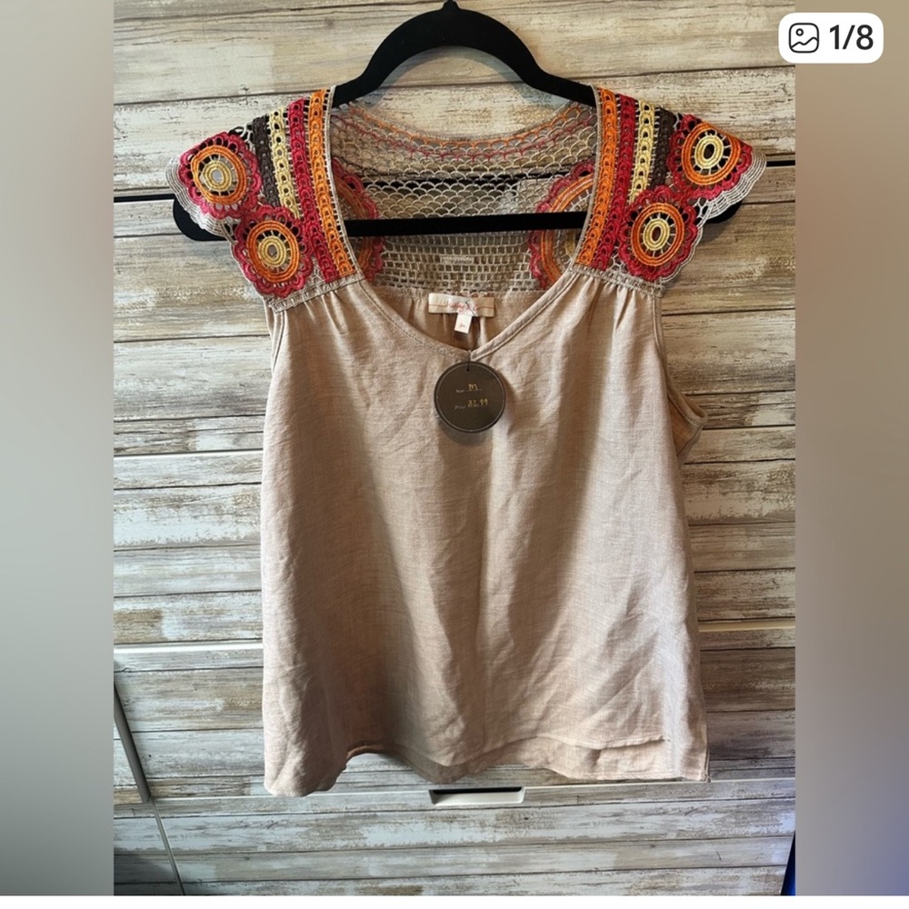 Hailey & Co Embroidered Crochet Cap Sleeve Boho Top Tan Size M NWT